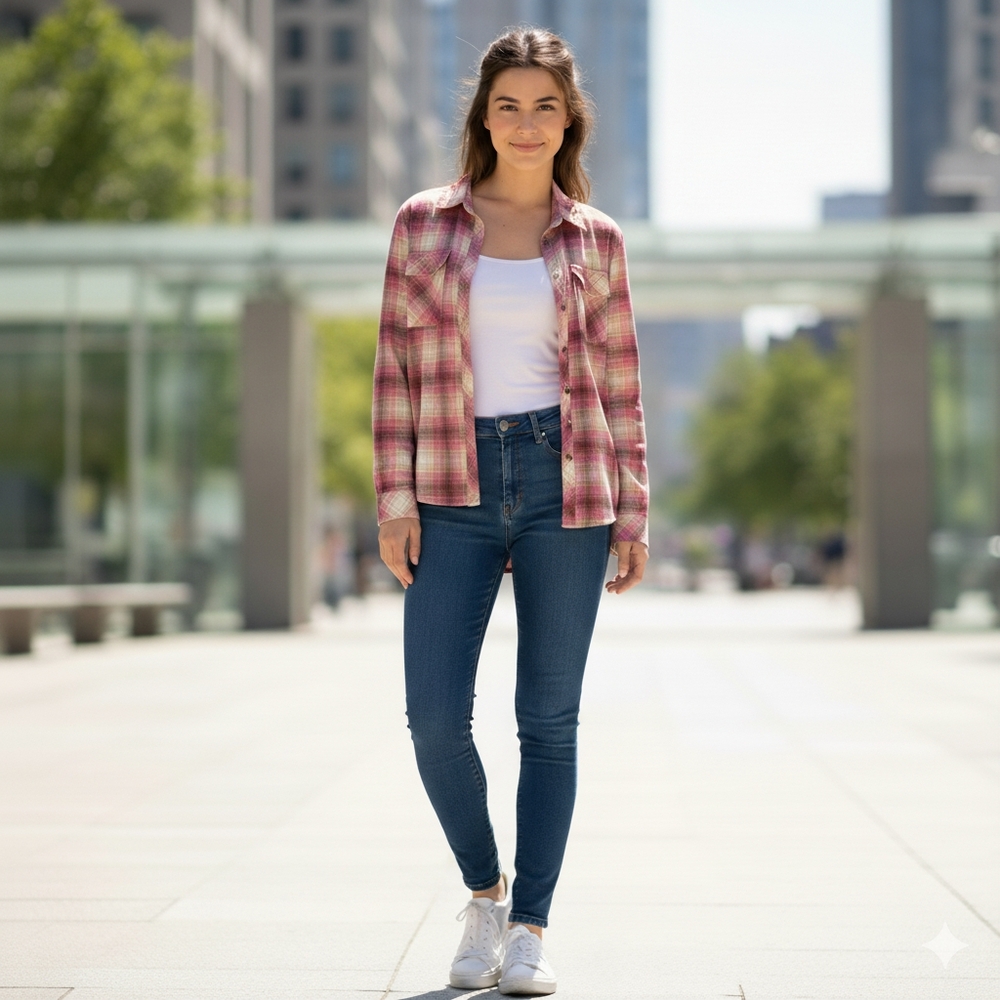 Aerie Pink And White Plaid Button Down Hoodie